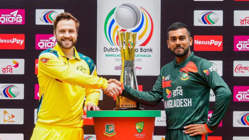 ট্রফি উন্মোচন অনুষ্ঠানে বাংলাদেশ ও অস্ট্রেলিয়ার অধিনায়ক। ছবি : বিসিবি